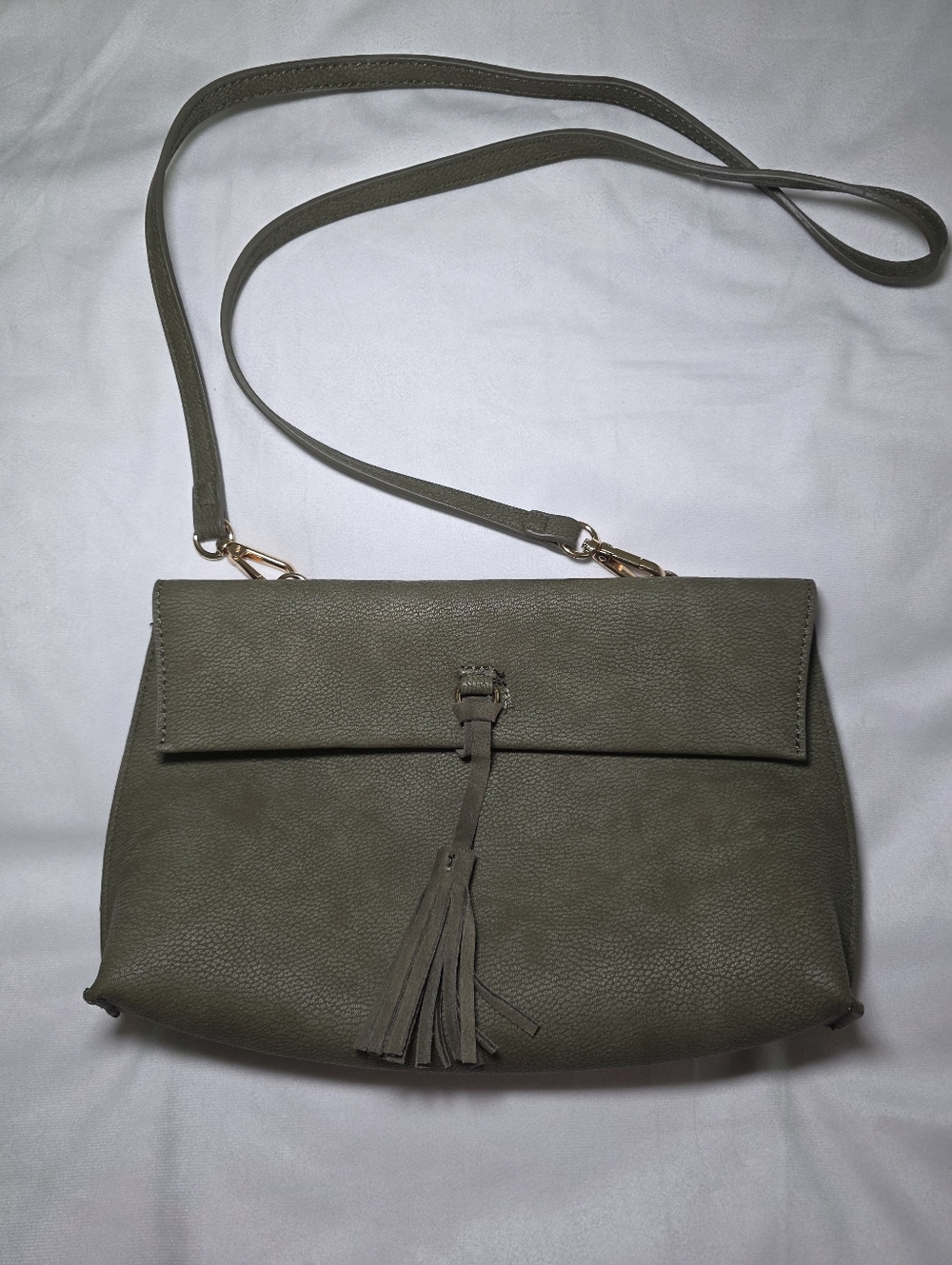 Anthropologie Olive Green Tassel Flap Crossbody Shoulder Boho Clutch Bag Purse